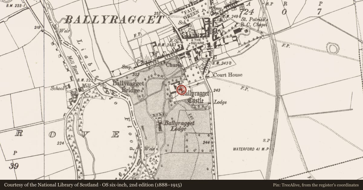 Ordnance Survey six-inch map, 2nd edition (1888–1915) covering the location of Bawn, Ballyragget, County Kilkenny, with a pin at the register's coordinates