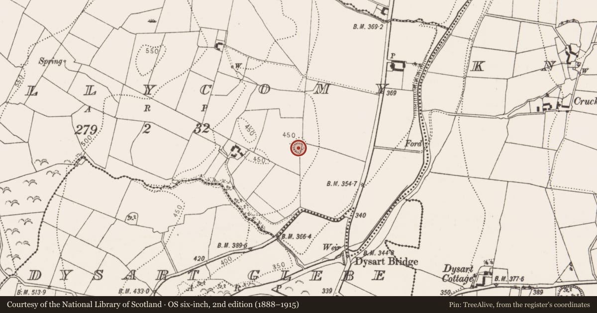 Ordnance Survey six-inch map, 2nd edition (1888–1915) covering the location of Enclosure, Ballycomy, County Kilkenny, with a pin at the register's coordinates