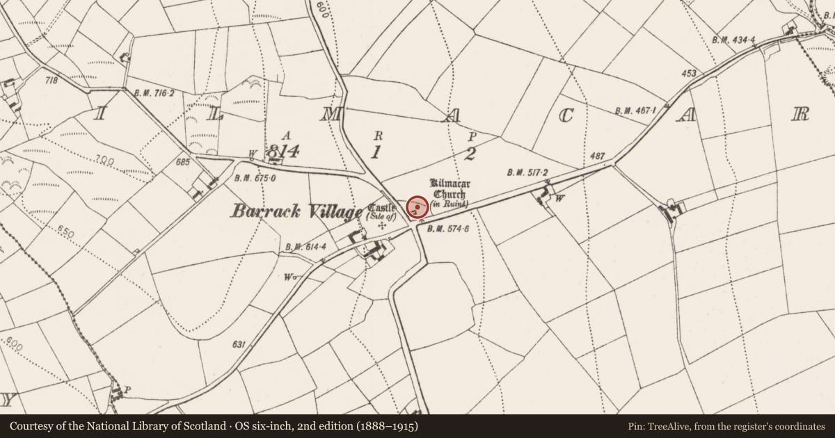 Ordnance Survey six-inch map, 2nd edition (1888–1915) covering the location of Church, Kilmacar, County Kilkenny, with a pin at the register's coordinates