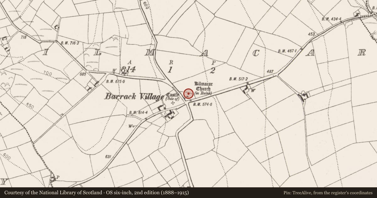 Ordnance Survey six-inch map, 2nd edition (1888–1915) covering the location of Graveyard, Kilmacar, County Kilkenny, with a pin at the register's coordinates