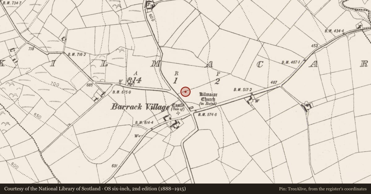 Ordnance Survey six-inch map, 2nd edition (1888–1915) covering the location of Earthwork, Kilmacar, County Kilkenny, with a pin at the register's coordinates