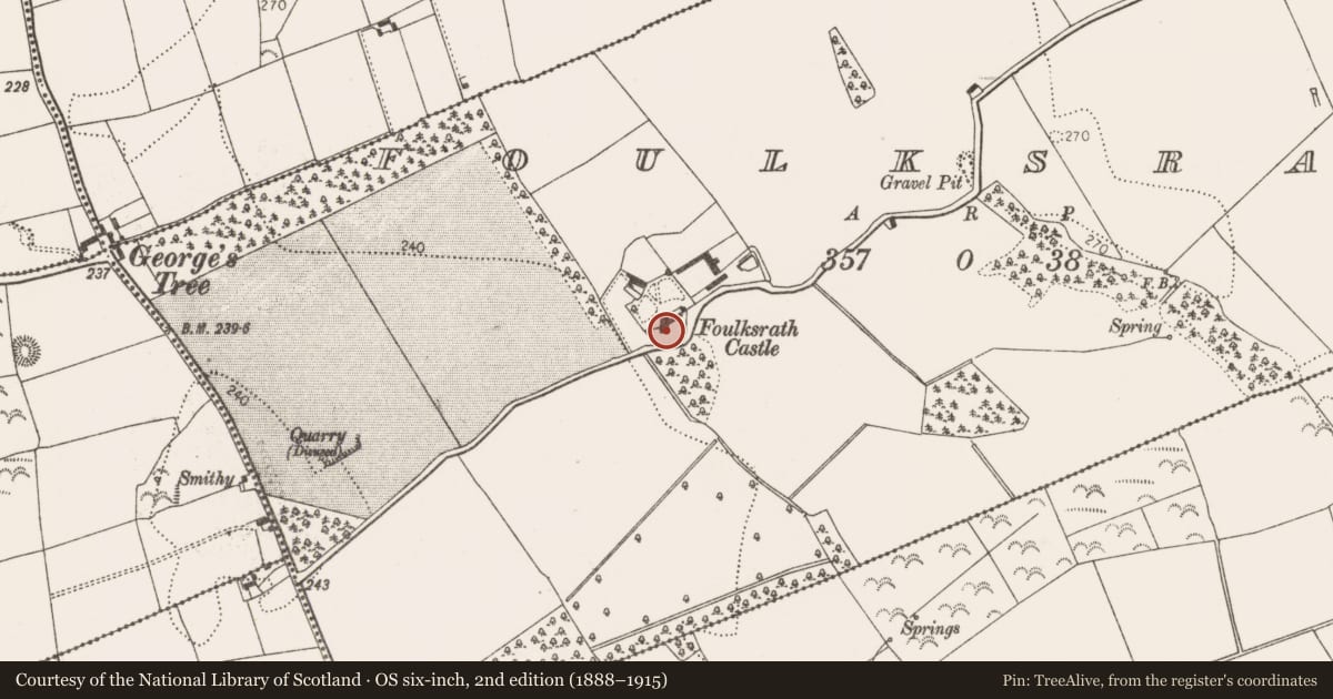 Ordnance Survey six-inch map, 2nd edition (1888–1915) covering the location of Castle - tower house, Foulksrath, County Kilkenny, with a pin at the register's coordinates