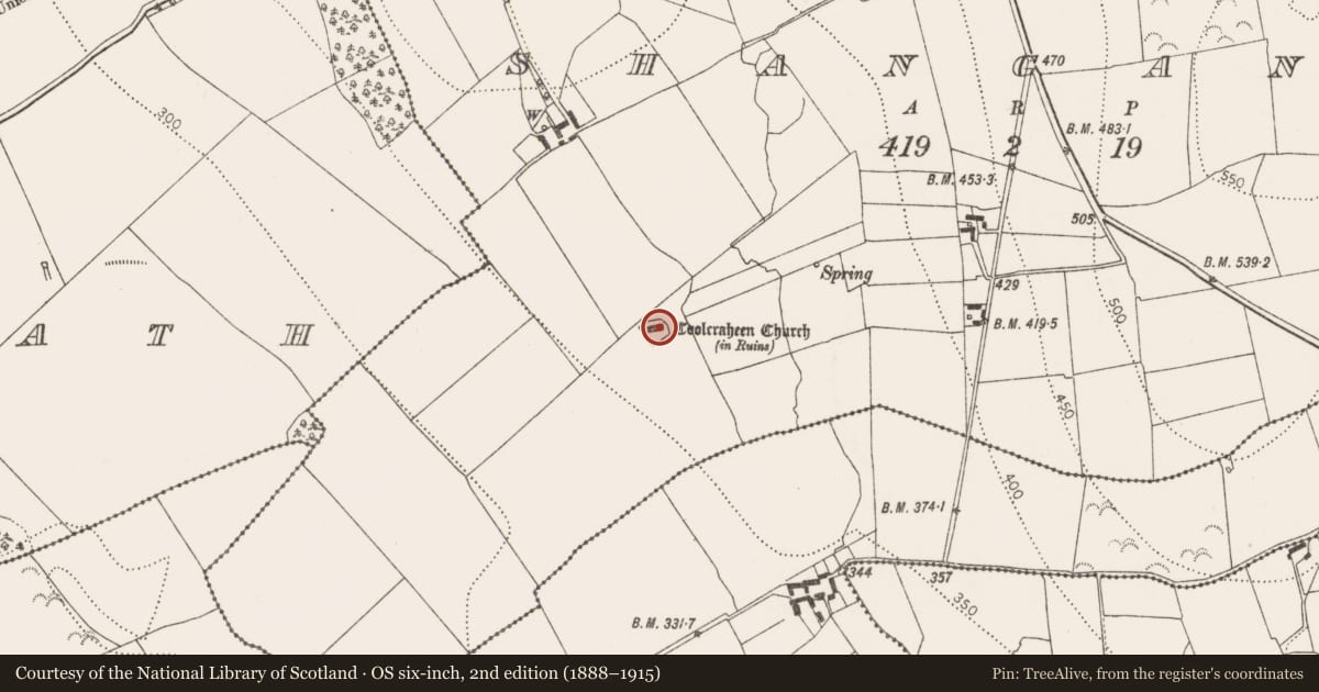 Ordnance Survey six-inch map, 2nd edition (1888–1915) covering the location of Church, Shanganny, County Kilkenny, with a pin at the register's coordinates