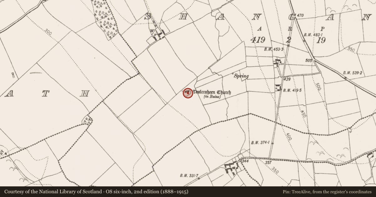 Ordnance Survey six-inch map, 2nd edition (1888–1915) covering the location of Graveyard, Shanganny, County Kilkenny, with a pin at the register's coordinates