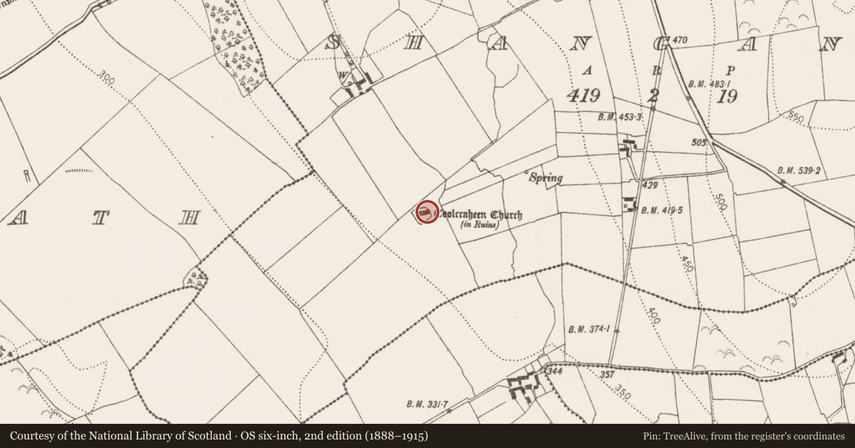 Ordnance Survey six-inch map, 2nd edition (1888–1915) covering the location of Graveslab, Shanganny, County Kilkenny, with a pin at the register's coordinates