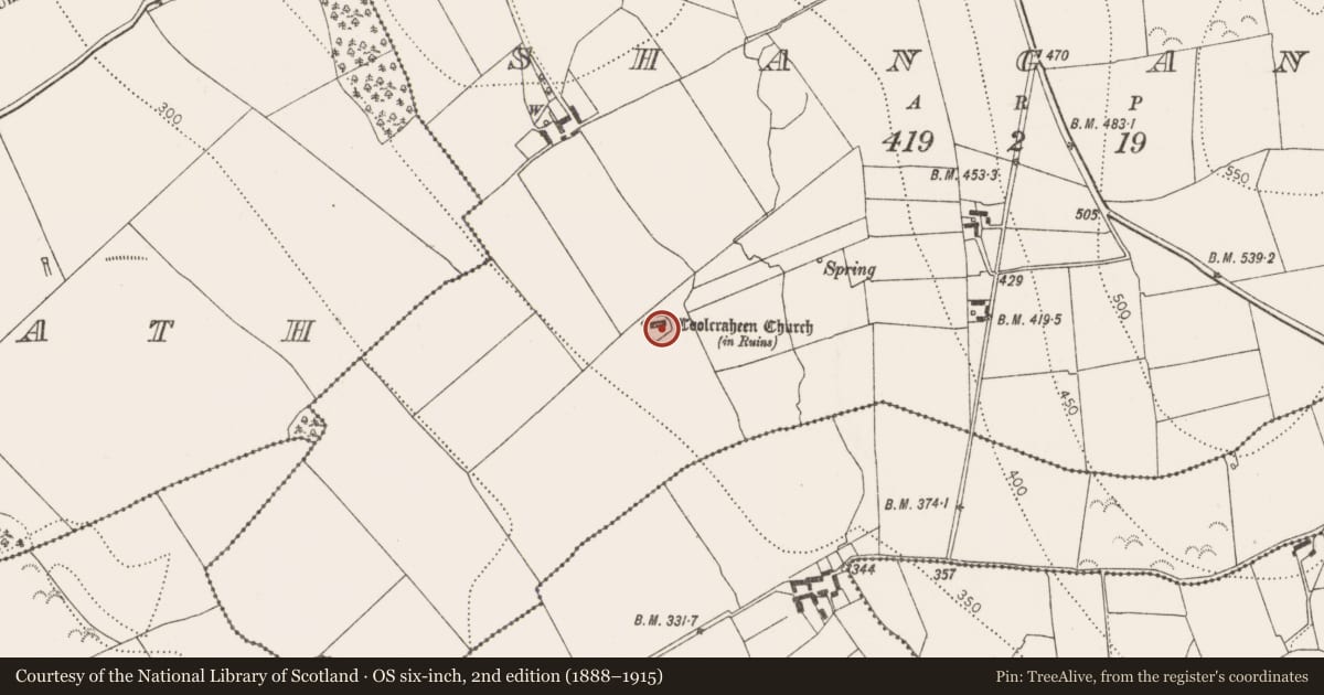 Ordnance Survey six-inch map, 2nd edition (1888–1915) covering the location of Font, Shanganny, County Kilkenny, with a pin at the register's coordinates