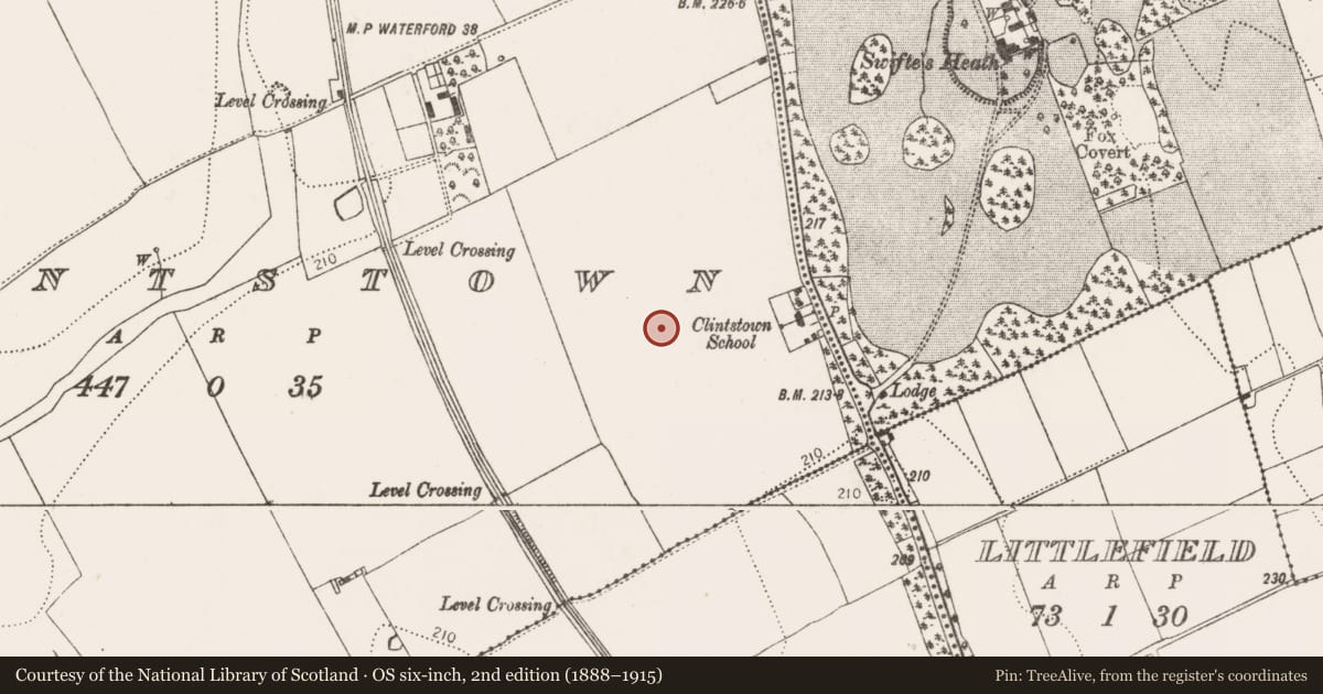 Ordnance Survey six-inch map, 2nd edition (1888–1915) covering the location of Ring-ditch, Clintstown, County Kilkenny, with a pin at the register's coordinates