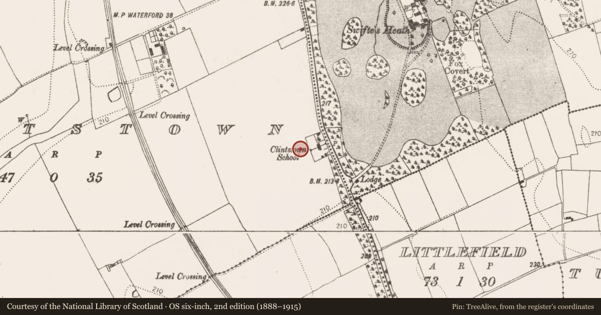 Ordnance Survey six-inch map, 2nd edition (1888–1915) covering the location of Ring-ditch, Clintstown, County Kilkenny, with a pin at the register's coordinates