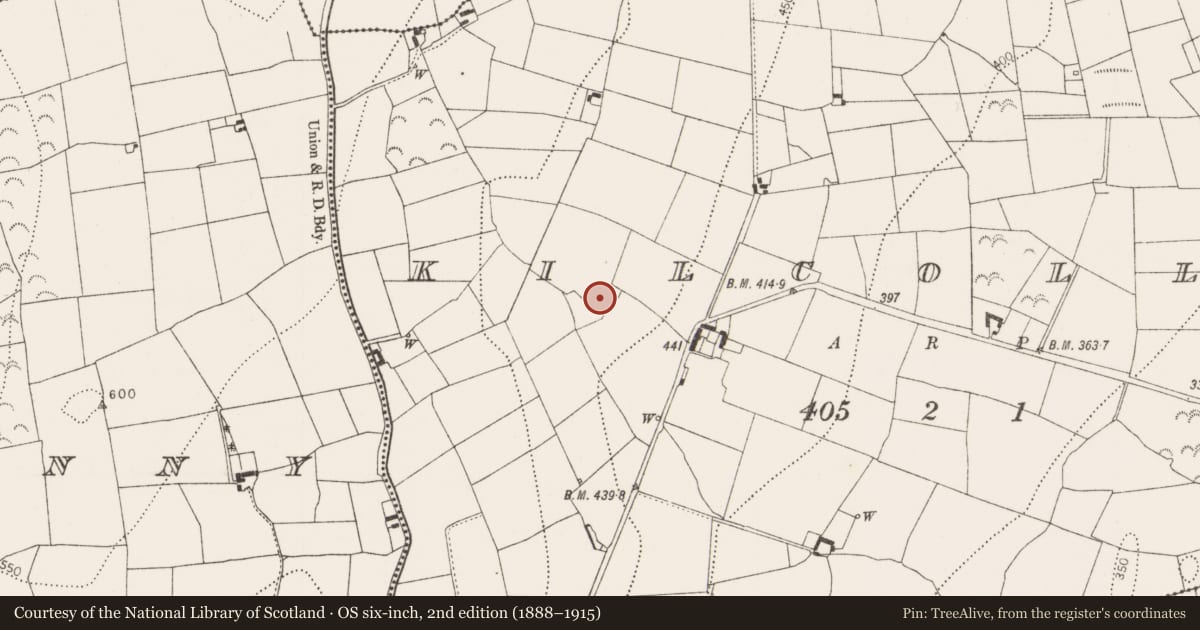Ordnance Survey six-inch map, 2nd edition (1888–1915) covering the location of Church, Kilcollan, County Kilkenny, with a pin at the register's coordinates