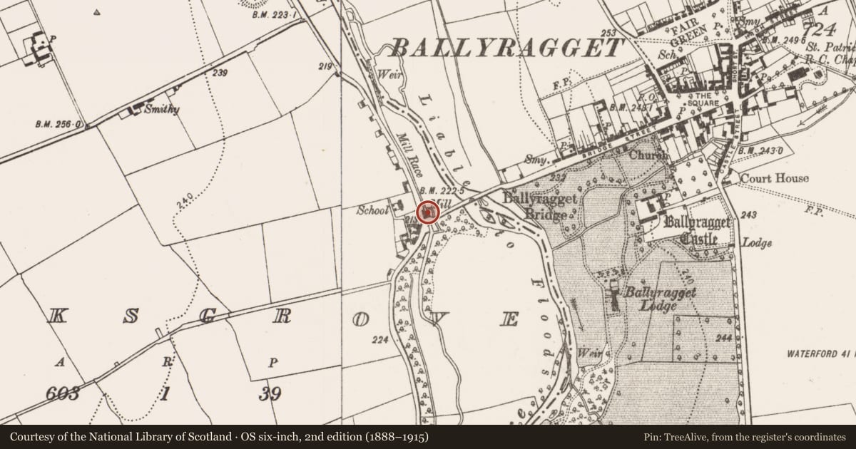 Ordnance Survey six-inch map, 2nd edition (1888–1915) covering the location of Water mill - unclassified, Parksgrove, County Kilkenny, with a pin at the register's coordinates
