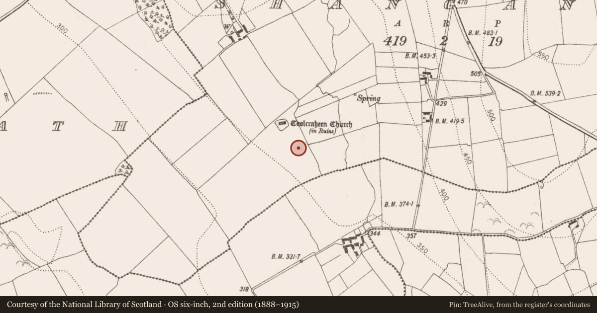 Ordnance Survey six-inch map, 2nd edition (1888–1915) covering the location of Mound, Shanganny, County Kilkenny, with a pin at the register's coordinates