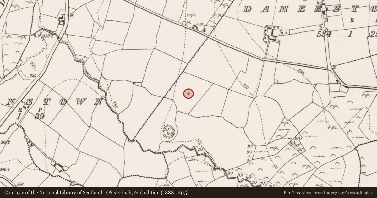 Ordnance Survey six-inch map, 2nd edition (1888–1915) covering the location of Fulacht fia, Damerstown East, County Kilkenny, with a pin at the register's coordinates