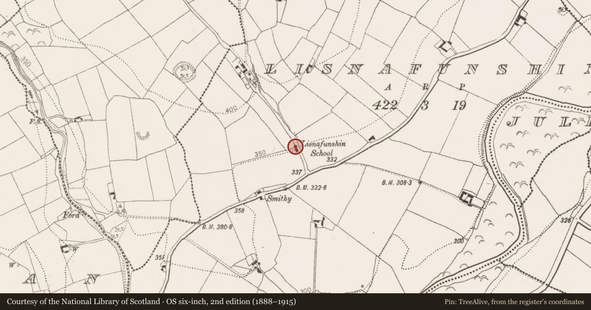 Ordnance Survey six-inch map, 2nd edition (1888–1915) covering the location of Church, Lisnafunshin, County Kilkenny, with a pin at the register's coordinates
