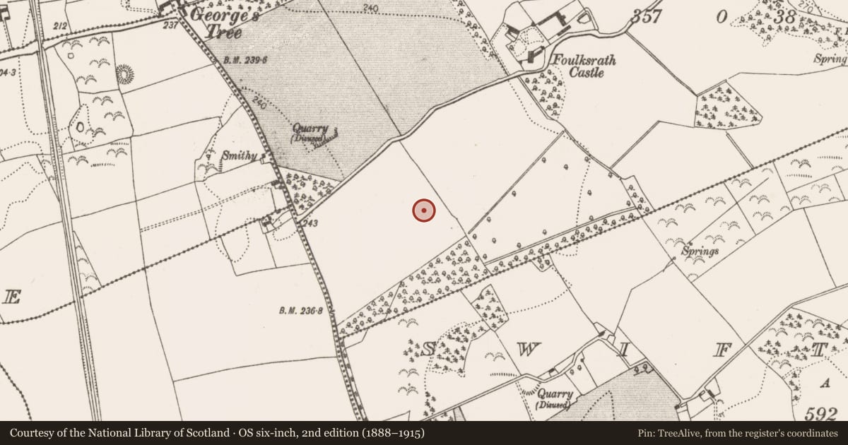 Ordnance Survey six-inch map, 2nd edition (1888–1915) covering the location of Ring-ditch, Foulksrath, County Kilkenny, with a pin at the register's coordinates