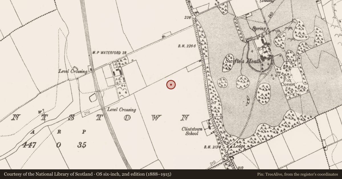 Ordnance Survey six-inch map, 2nd edition (1888–1915) covering the location of Ring-ditch, Clintstown, County Kilkenny, with a pin at the register's coordinates