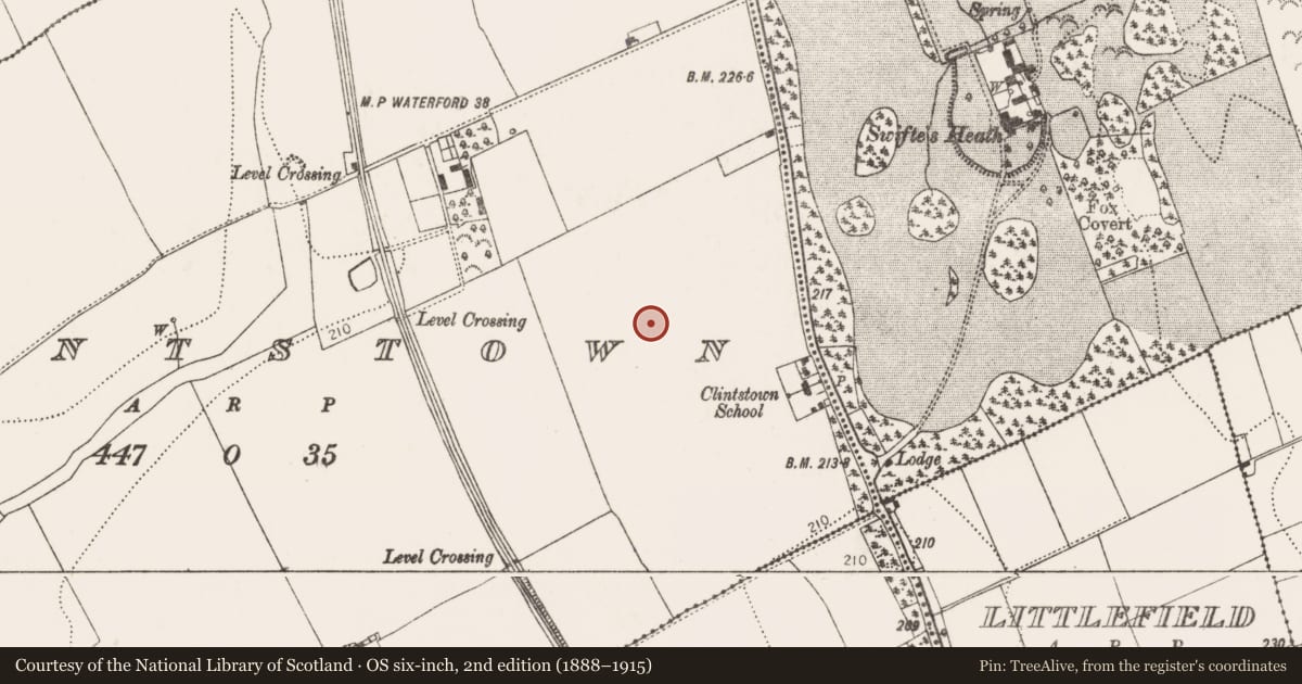 Ordnance Survey six-inch map, 2nd edition (1888–1915) covering the location of Ring-ditch, Clintstown, County Kilkenny, with a pin at the register's coordinates