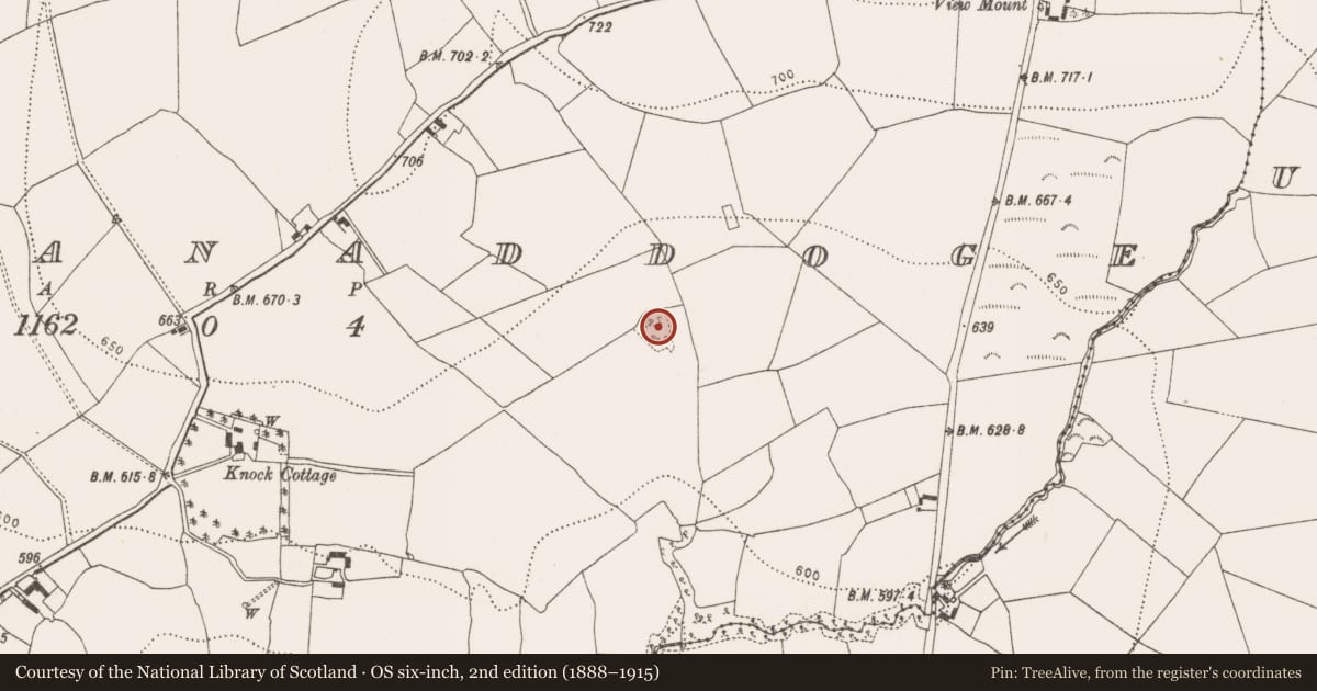 Ordnance Survey six-inch map, 2nd edition (1888–1915) covering the location of Enclosure, Knockanaddoge, County Kilkenny, with a pin at the register's coordinates