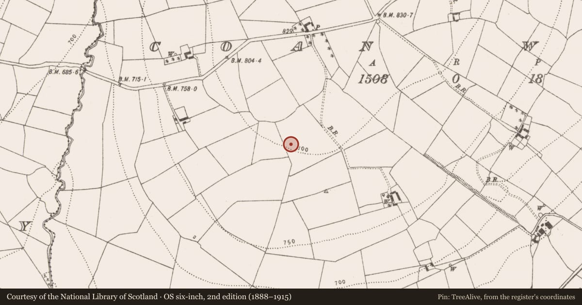 Ordnance Survey six-inch map, 2nd edition (1888–1915) covering the location of Fulacht fia, Coan West, County Kilkenny, with a pin at the register's coordinates