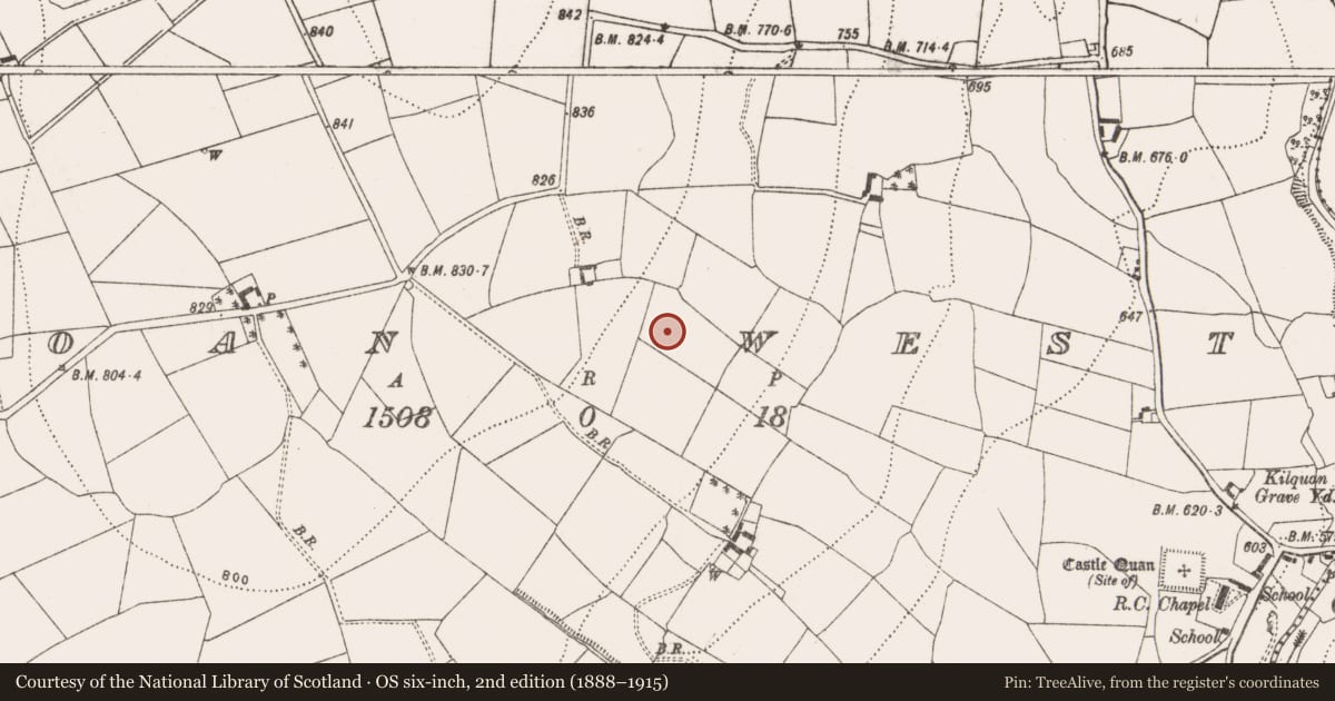 Ordnance Survey six-inch map, 2nd edition (1888–1915) covering the location of Fulacht fia, Coan West, County Kilkenny, with a pin at the register's coordinates