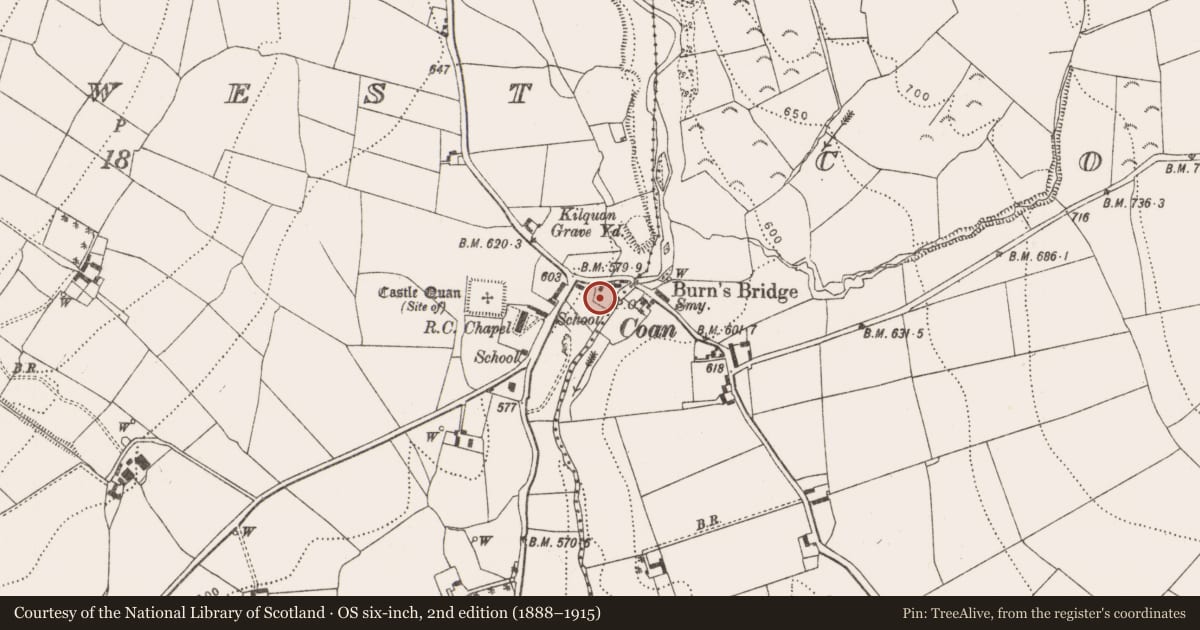 Ordnance Survey six-inch map, 2nd edition (1888–1915) covering the location of Fulacht fia, Coan West, County Kilkenny, with a pin at the register's coordinates