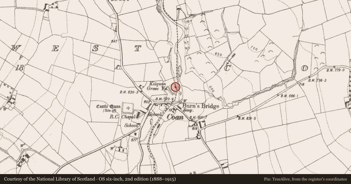 Ordnance Survey six-inch map, 2nd edition (1888–1915) covering the location of Church, Coan West, County Kilkenny, with a pin at the register's coordinates