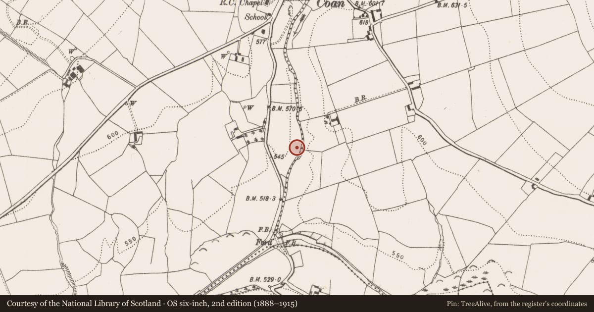 Ordnance Survey six-inch map, 2nd edition (1888–1915) covering the location of Fulacht fia, Coan West, County Kilkenny, with a pin at the register's coordinates