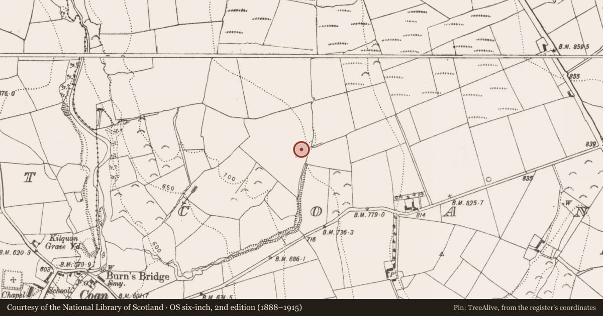 Ordnance Survey six-inch map, 2nd edition (1888–1915) covering the location of Fulacht fia, Coan East, County Kilkenny, with a pin at the register's coordinates
