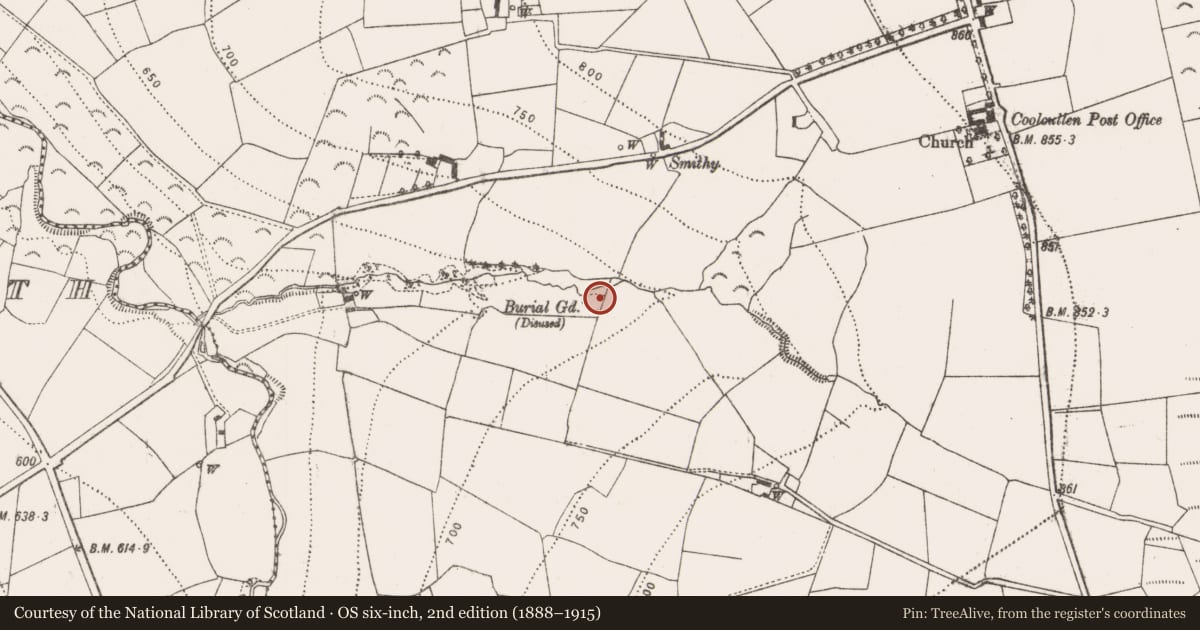 Ordnance Survey six-inch map, 2nd edition (1888–1915) covering the location of Children's burial ground, Coolcullen, County Kilkenny, with a pin at the register's coordinates