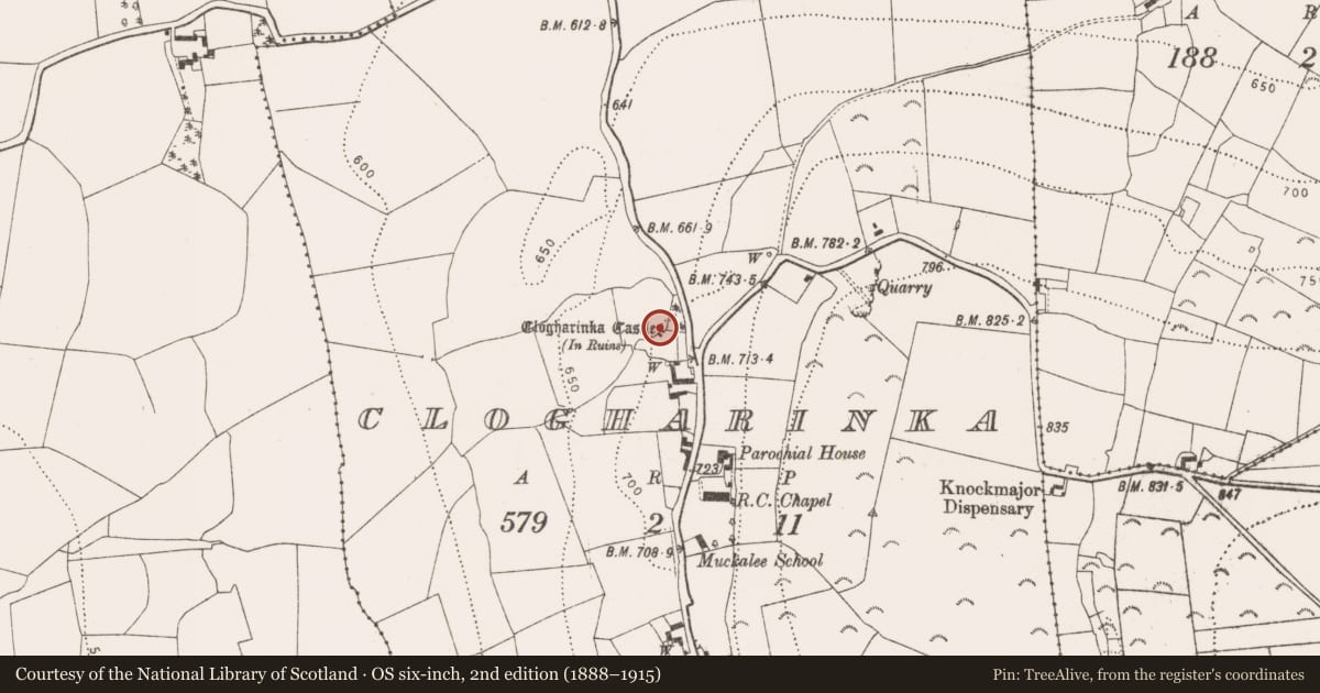 Ordnance Survey six-inch map, 2nd edition (1888–1915) covering the location of Castle - unclassified, Clogharinka, County Kilkenny, with a pin at the register's coordinates