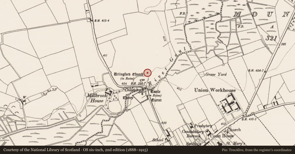 Ordnance Survey six-inch map, 2nd edition (1888–1915) covering the location of Settlement deserted - medieval, Islands, Urlingford, County Kilkenny, with a pin at the register's coordinates