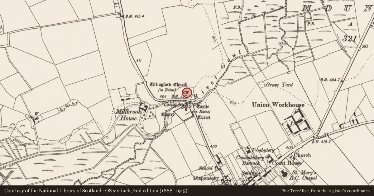 Ordnance Survey six-inch map, 2nd edition (1888–1915) covering the location of Church, Islands, County Kilkenny, with a pin at the register's coordinates