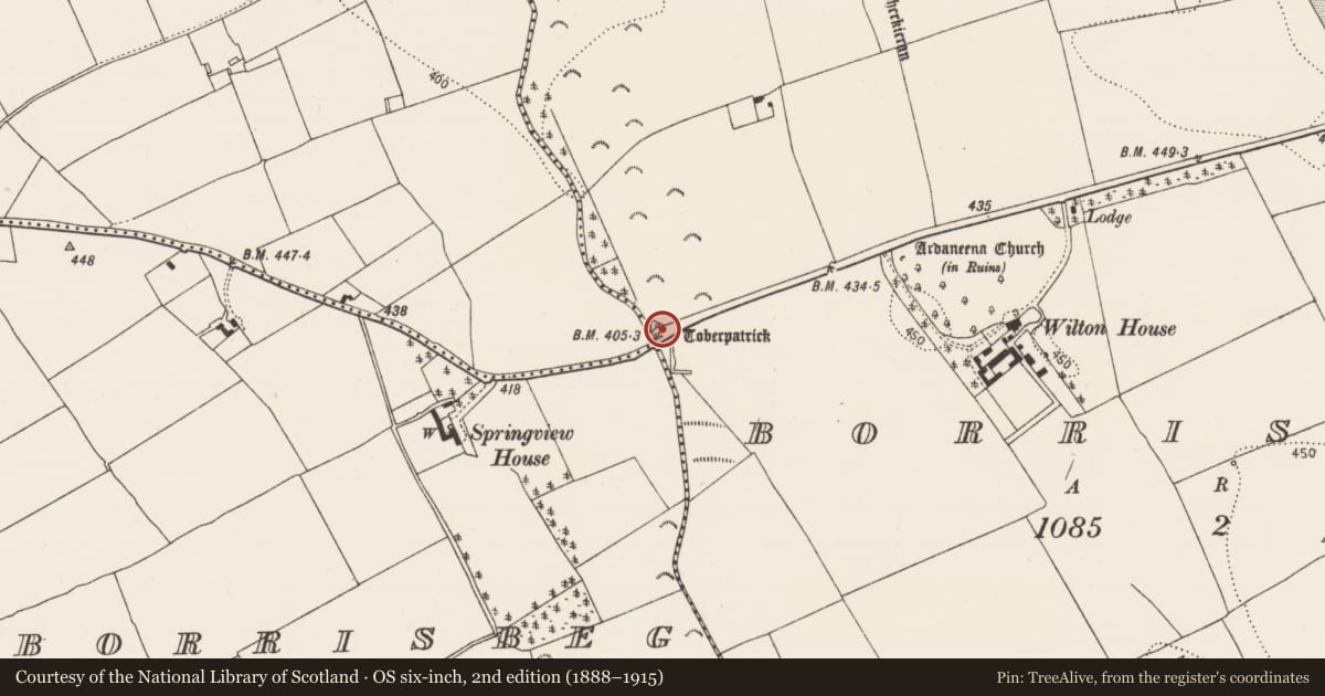 Ordnance Survey six-inch map, 2nd edition (1888–1915) covering the location of Ritual site - holy well, Borrismore, County Kilkenny, with a pin at the register's coordinates