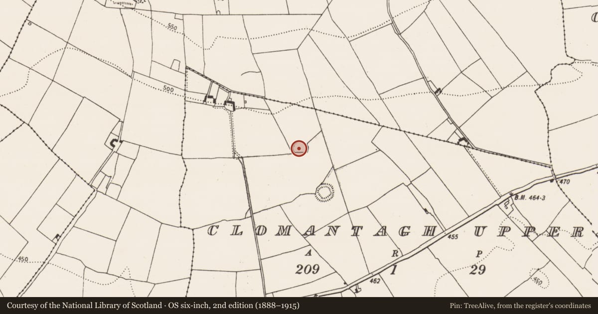 Ordnance Survey six-inch map, 2nd edition (1888–1915) covering the location of Ringfort - rath, Clomantagh Upper, County Kilkenny, with a pin at the register's coordinates
