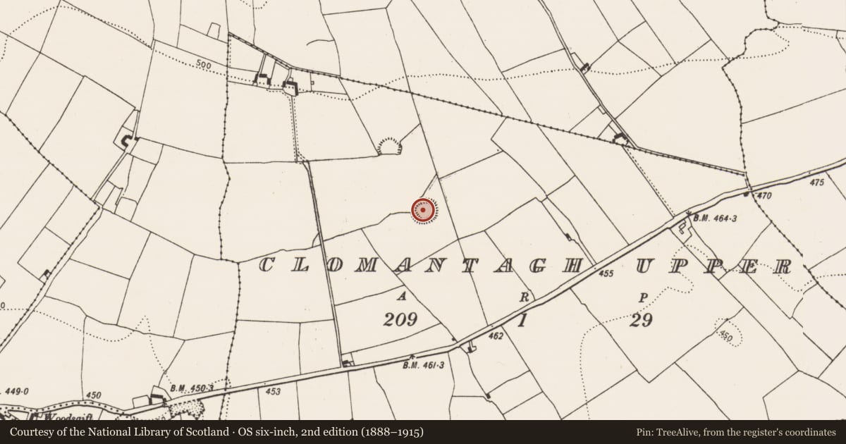 Ordnance Survey six-inch map, 2nd edition (1888–1915) covering the location of Ringfort - rath, Clomantagh Upper, County Kilkenny, with a pin at the register's coordinates