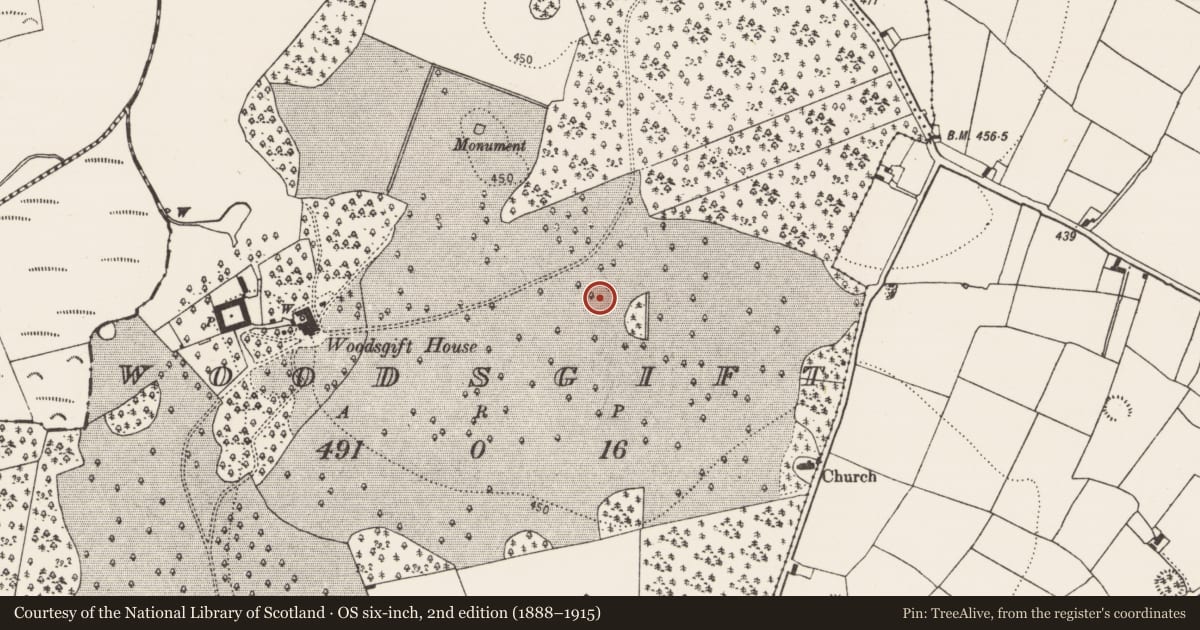 Ordnance Survey six-inch map, 2nd edition (1888–1915) covering the location of Ring-ditch, Woodsgift, County Kilkenny, with a pin at the register's coordinates