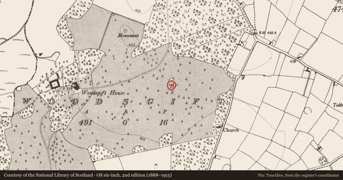 Ordnance Survey six-inch map, 2nd edition (1888–1915) covering the location of Designed landscape - tree-ring, Woodsgift, County Kilkenny, with a pin at the register's coordinates