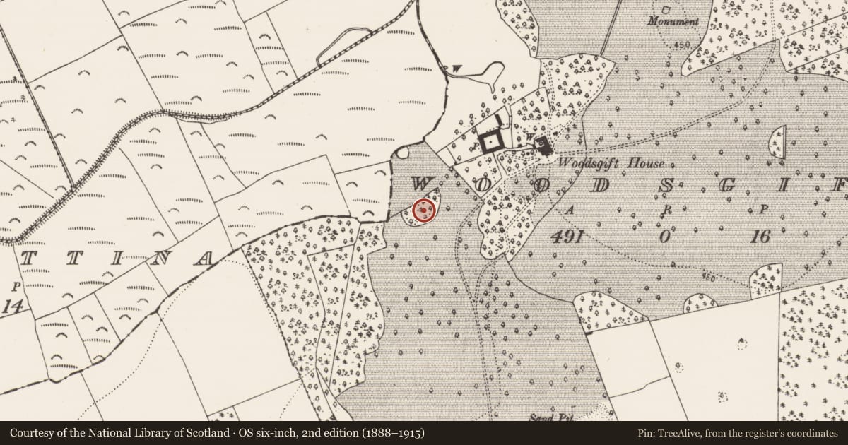Ordnance Survey six-inch map, 2nd edition (1888–1915) covering the location of Enclosure, Woodsgift, County Kilkenny, with a pin at the register's coordinates