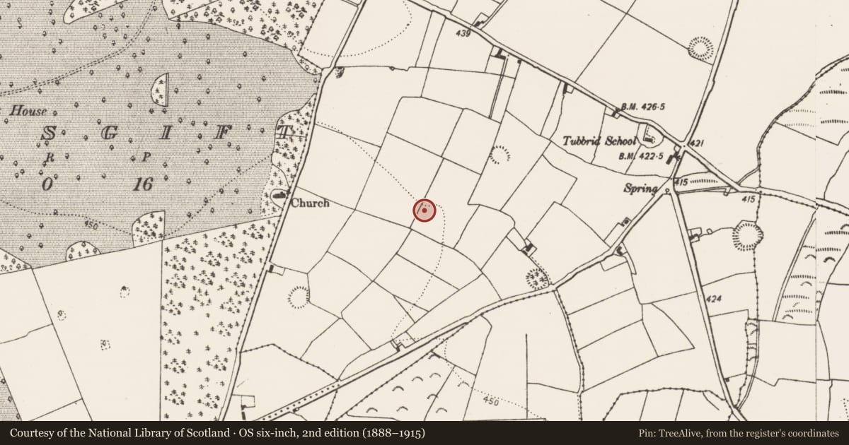 Ordnance Survey six-inch map, 2nd edition (1888–1915) covering the location of Enclosure, Tubbrid Lower, County Kilkenny, with a pin at the register's coordinates