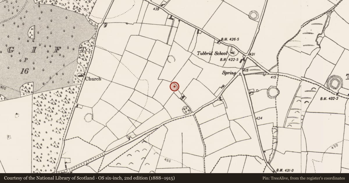 Ordnance Survey six-inch map, 2nd edition (1888–1915) covering the location of Enclosure, Tubbrid Lower, County Kilkenny, with a pin at the register's coordinates