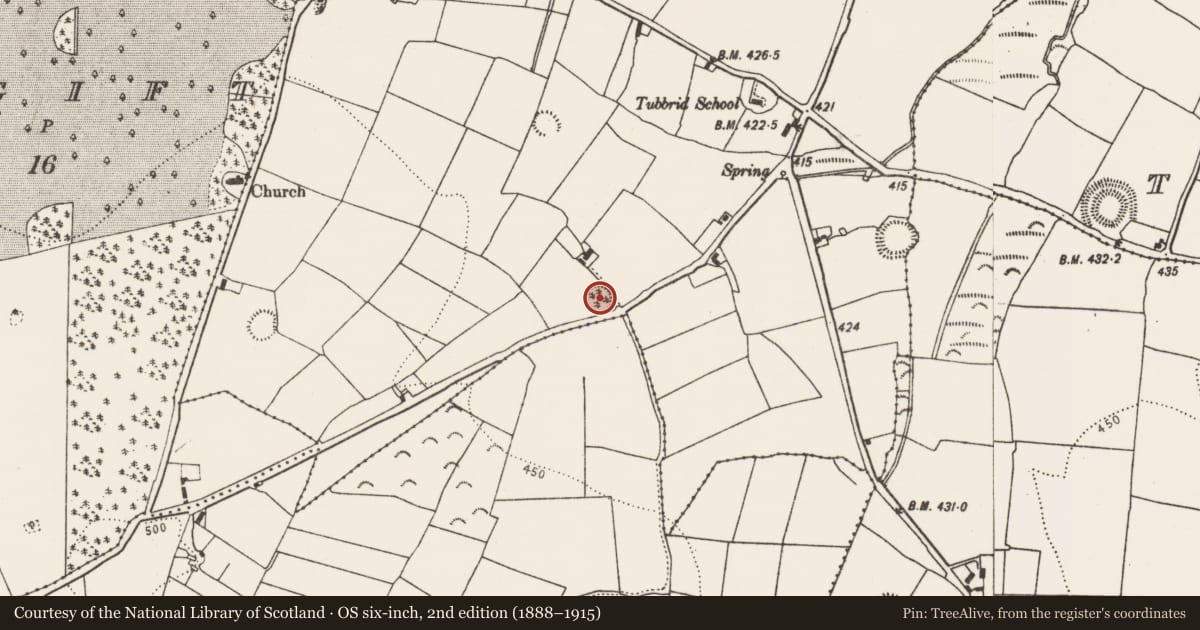 Ordnance Survey six-inch map, 2nd edition (1888–1915) covering the location of Enclosure, Tubbrid Lower, County Kilkenny, with a pin at the register's coordinates