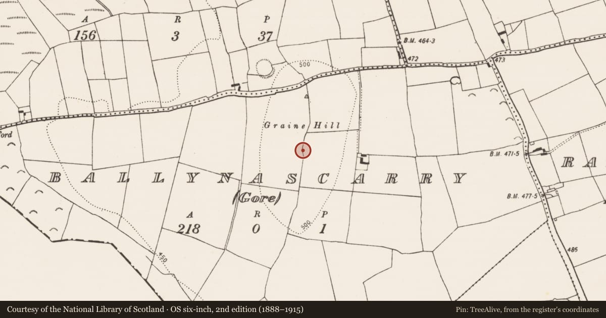Ordnance Survey six-inch map, 2nd edition (1888–1915) covering the location of Burial, Ballynascarry (Gore), County Kilkenny, with a pin at the register's coordinates
