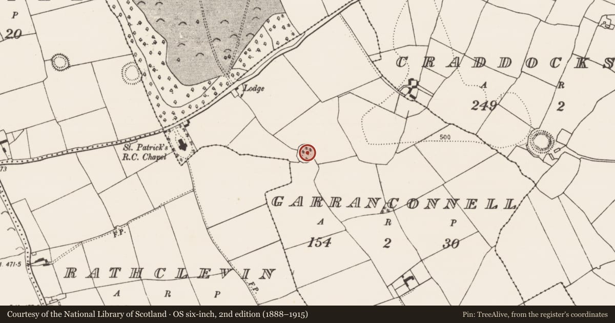 Ordnance Survey six-inch map, 2nd edition (1888–1915) covering the location of Ringfort - rath, Garranconnell, County Kilkenny, with a pin at the register's coordinates