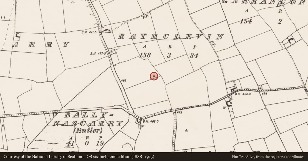 Ordnance Survey six-inch map, 2nd edition (1888–1915) covering the location of Enclosure, Rathclevin, County Kilkenny, with a pin at the register's coordinates