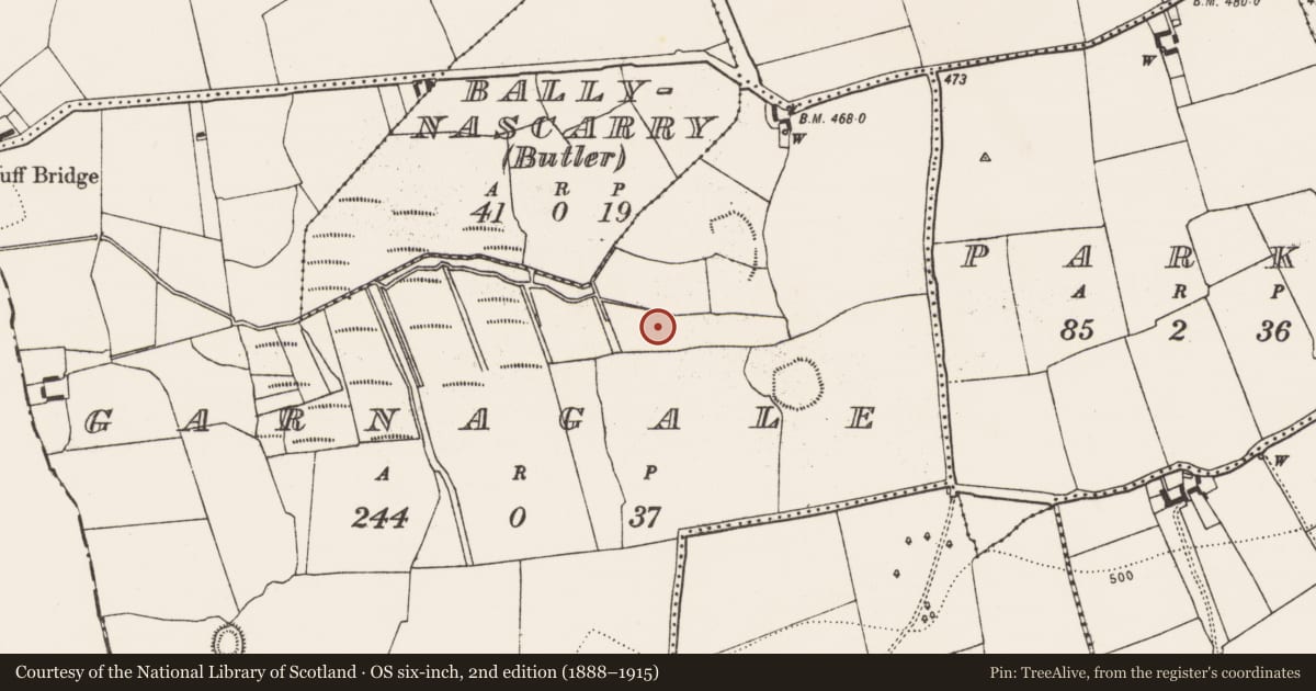 Ordnance Survey six-inch map, 2nd edition (1888–1915) covering the location of Enclosure, Garnagale, County Kilkenny, with a pin at the register's coordinates