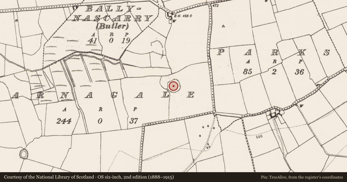 Ordnance Survey six-inch map, 2nd edition (1888–1915) covering the location of Enclosure, Garnagale, County Kilkenny, with a pin at the register's coordinates