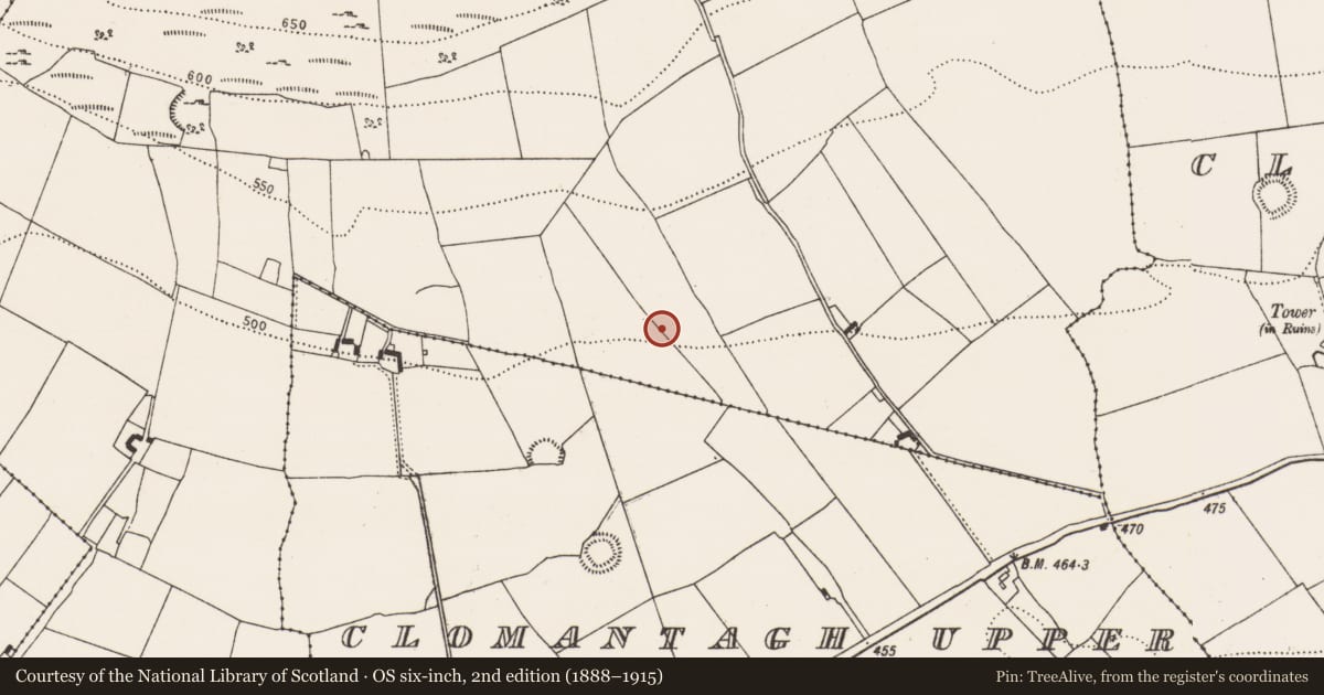 Ordnance Survey six-inch map, 2nd edition (1888–1915) covering the location of Enclosure, Clomantagh Upper, County Kilkenny, with a pin at the register's coordinates