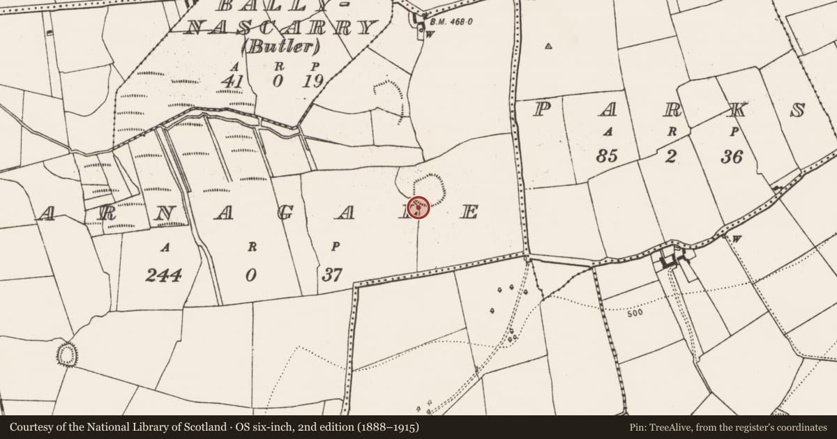 Ordnance Survey six-inch map, 2nd edition (1888–1915) covering the location of Enclosure, Garnagale, County Kilkenny, with a pin at the register's coordinates
