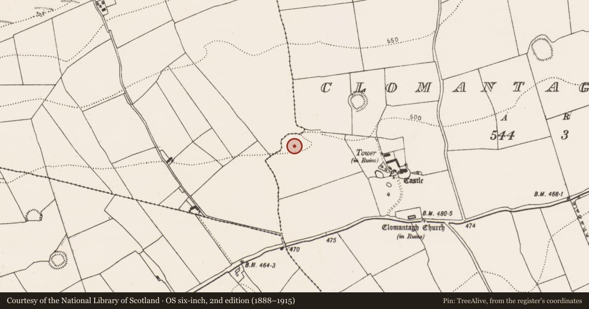 Ordnance Survey six-inch map, 2nd edition (1888–1915) covering the location of Enclosure, Clomantagh Lower, County Kilkenny, with a pin at the register's coordinates