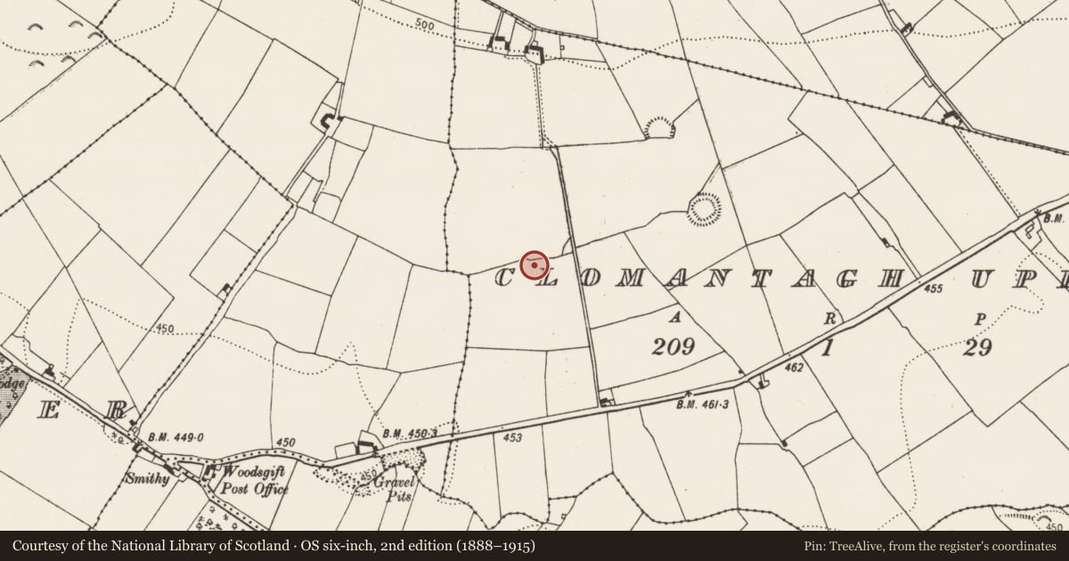 Ordnance Survey six-inch map, 2nd edition (1888–1915) covering the location of Enclosure, Clomantagh Upper, County Kilkenny, with a pin at the register's coordinates