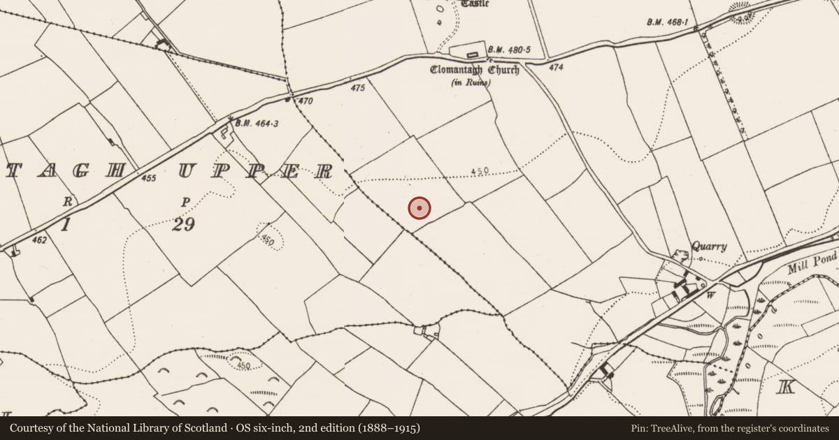 Ordnance Survey six-inch map, 2nd edition (1888–1915) covering the location of Enclosure, Clomantagh Upper, County Kilkenny, with a pin at the register's coordinates